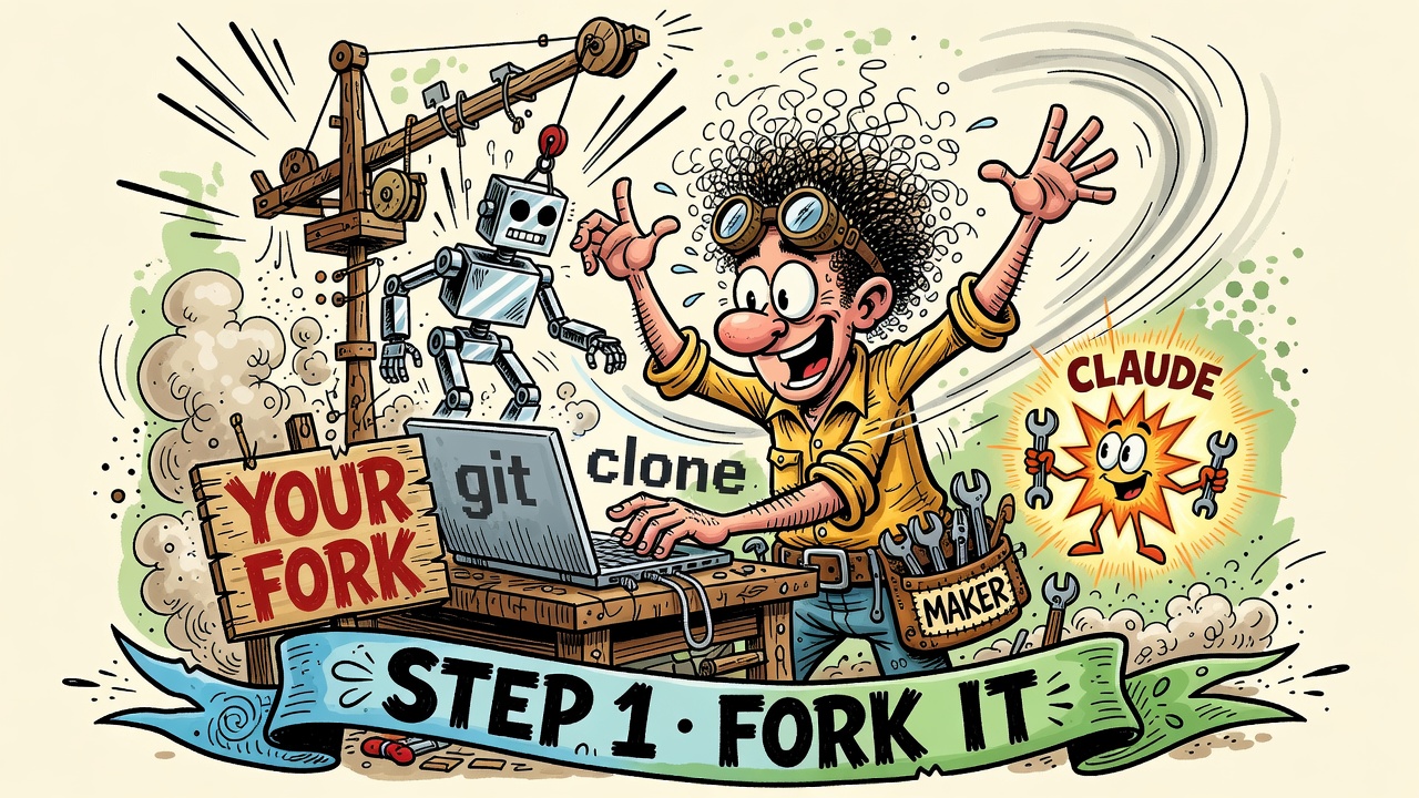 The Maker clones the repo while a crane lowers the robot skeleton onto the bench: STEP 1, FORK IT