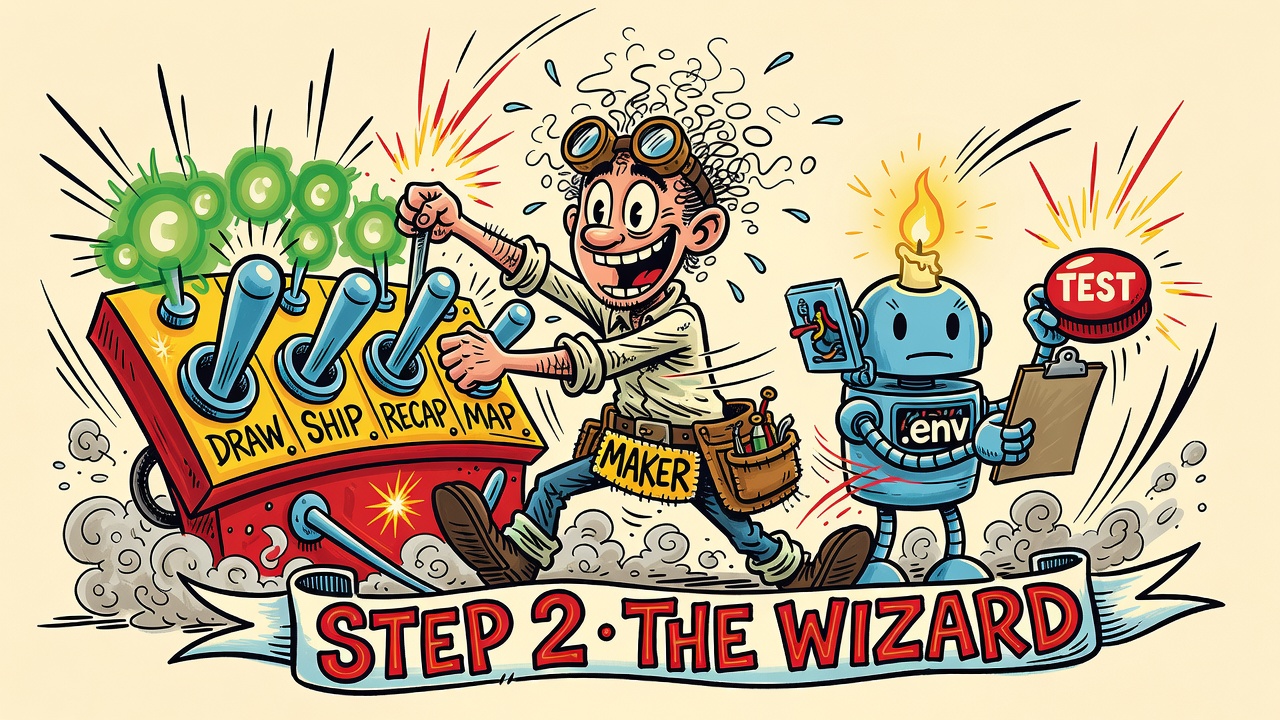 The Maker flips switches labeled DRAW, SHIP, RECAP, MAP while FLAREBOT presses TEST: STEP 2, THE WIZARD