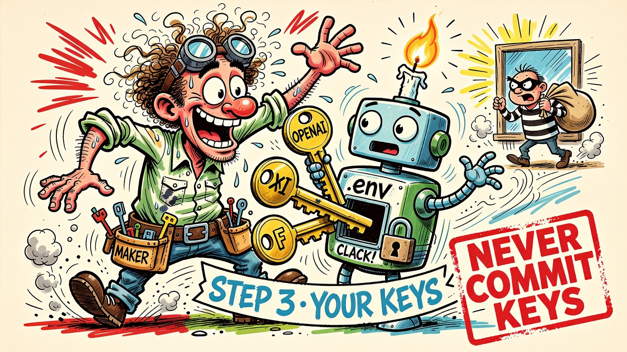 The Maker feeds brass keys into FLAREBOT's .env hatch under a NEVER COMMIT KEYS stamp: STEP 3, YOUR KEYS