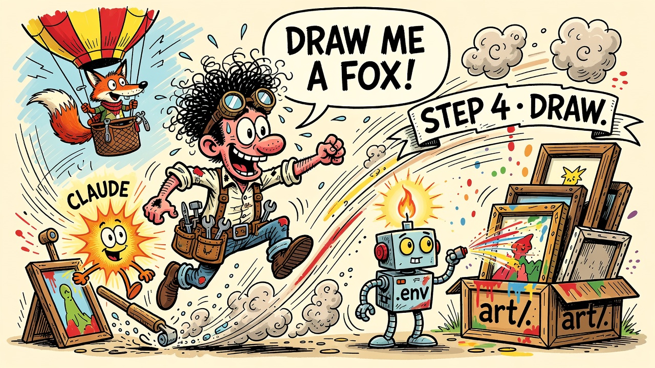 DRAW ME A FOX! — Claude pulls the lever and FLAREBOT paints frames into a crate labeled art/: STEP 4, DRAW