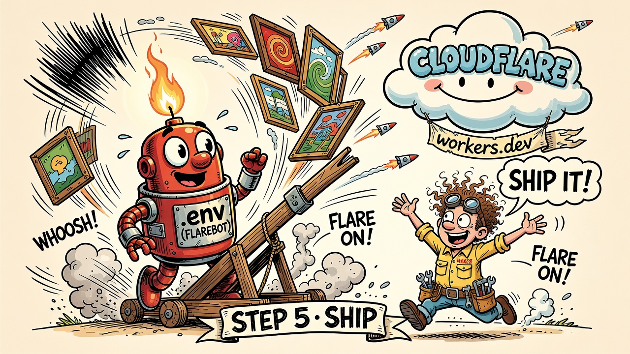 FLAREBOT catapults framed paintings up to a smiling cloud labeled workers.dev: STEP 5, SHIP