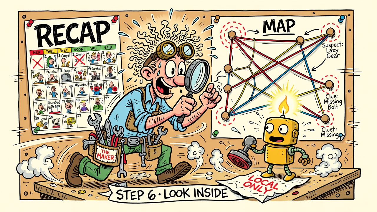 A corkboard with a RECAP calendar and a string-and-pins MAP graph, stamped LOCAL ONLY: STEP 6, LOOK INSIDE