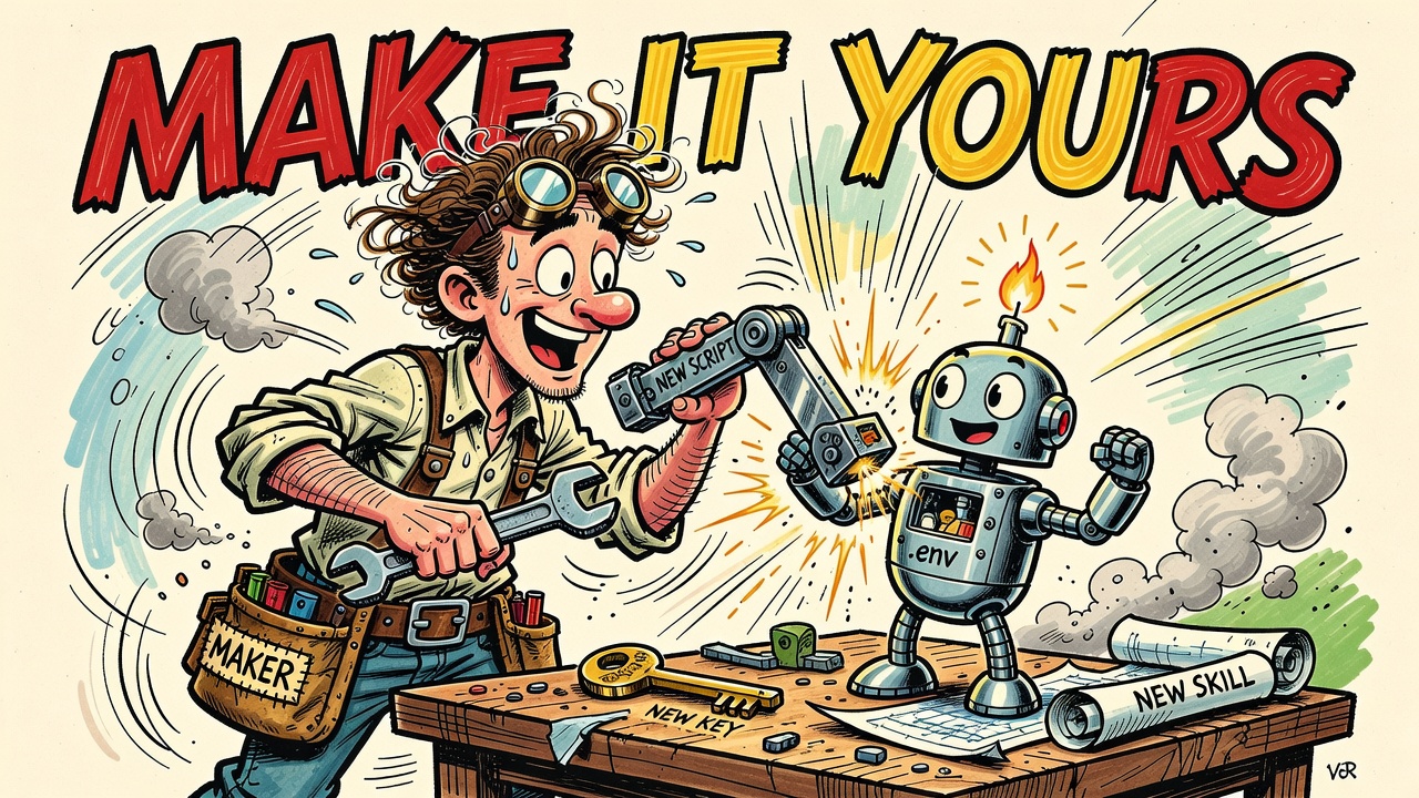 The Maker bolts a NEW SCRIPT arm onto FLAREBOT beside a NEW KEY and a NEW SKILL blueprint: MAKE IT YOURS