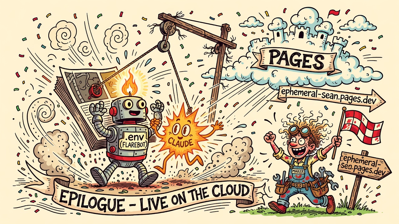 FLAREBOT and CLAUDE hoist the comic into a cloud castle labeled PAGES while the Maker cheers by a signpost reading ephemeral-sean.pages.dev: EPILOGUE, LIVE ON THE CLOUD